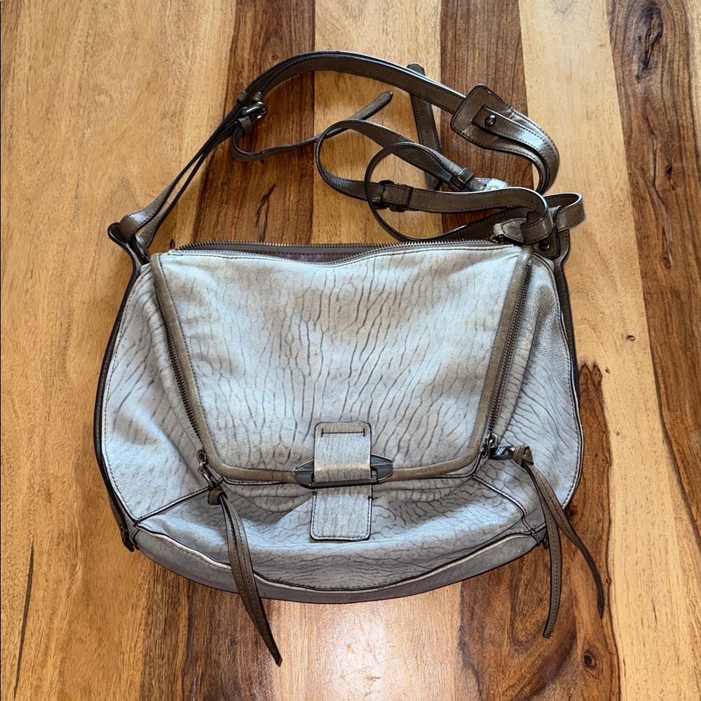 Kooba Jonnie Textured Gray Butter Leather With Taupe Trim Crossbody Bag - Picture 5 of 14